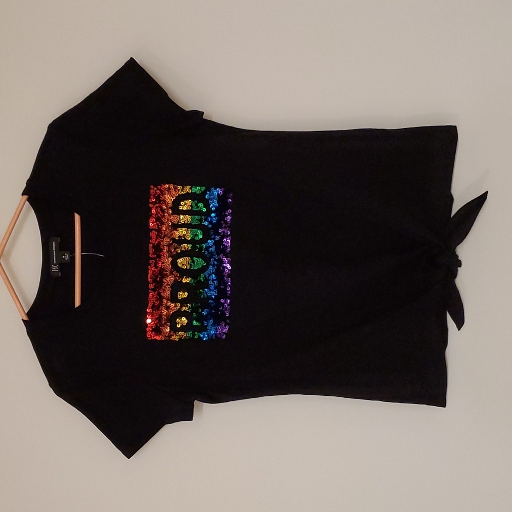 I.N.C. International Concepts Deep black PRIDE rainbow sequin 'PROUD' top Med.
